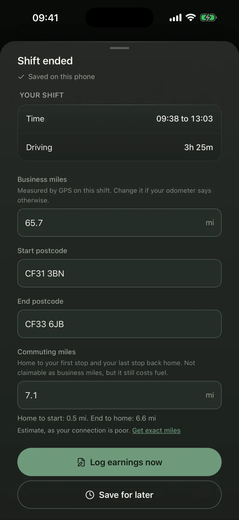 Shift ended after 3 hours 25 minutes: 65.7 business miles measured by GPS, and the start and end postcodes filled in.