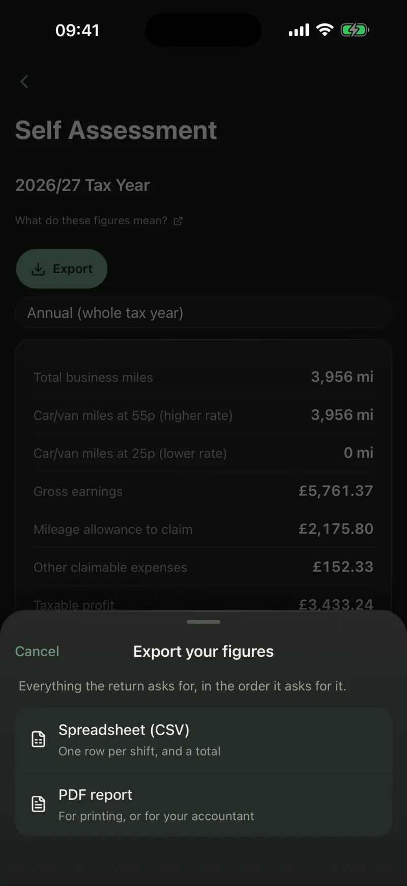 Exporting the Self Assessment figures as a spreadsheet or a PDF report.