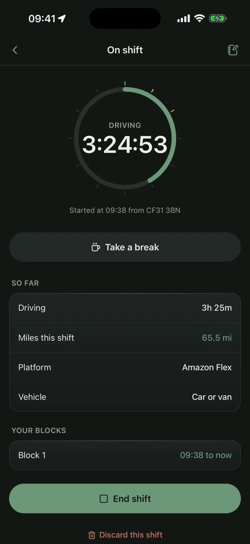 A shift running for 3 hours 25 minutes: the driving timer, 65.5 miles so far, and the End shift button.